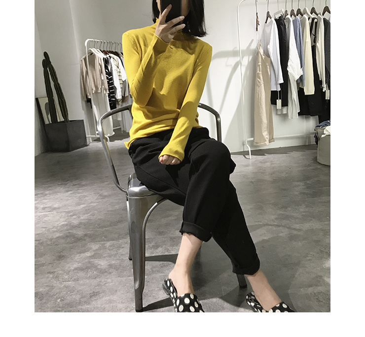 Áo len cổ cao bán nguyệt dành cho nữ mùa xuân và mùa thu mỏng phiên bản Hàn Quốc của áo sơ mi trơn mỏng màu trơn dài tay đơn giản áo len nữ tay lỡ
