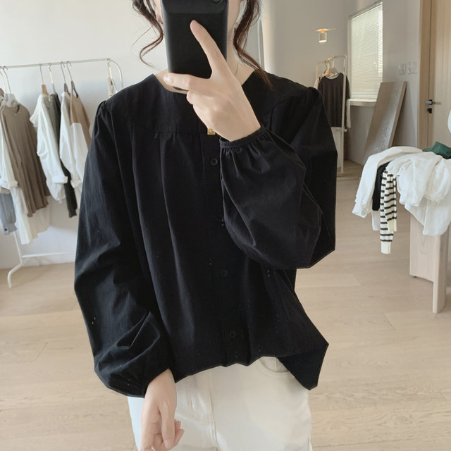 Puff sleeve shirt women's spring and autumn new loose large size thin round neck niche design nine-quarter sleeve cotton top