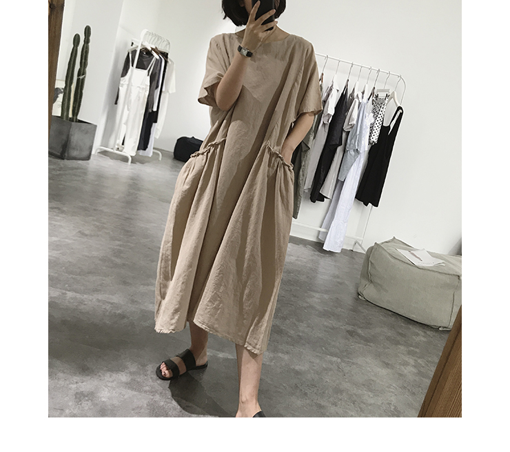Linen dress nữ mùa hè lỏng kích thước lớn trên đầu gối pocket vòng cổ sack váy văn học ngắn tay cotton và linen dài váy mẫu váy dài tay đẹp