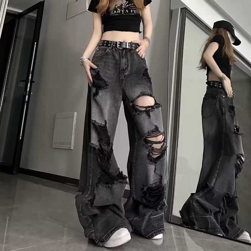American High Street Retro Ripped Jeans for Women, Spring and Summer New Style, Straight Loose Wide-Leg Slimming Cool Girl Long Pants American High Street Retro Ripped Jeans for Women, Spring and Summer New Style, Straight Loose Wide-Leg Slimming Cool Girl Long Pants