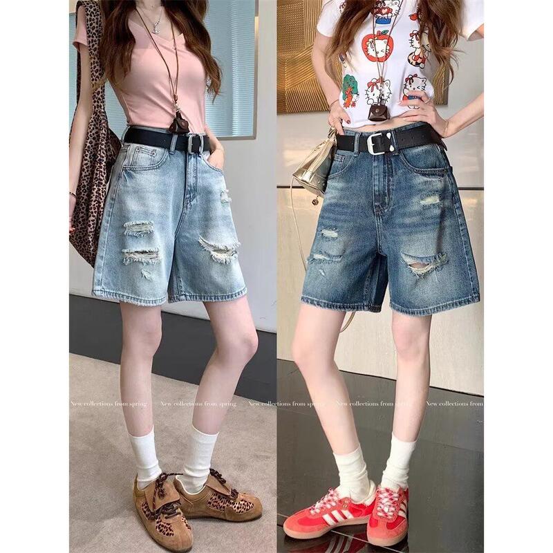 American Retro Ripped Denim Shorts for Women, New Summer Style, Straight Loose High-Waisted Versatile Wide-Leg Pants, Knee-Length Shorts