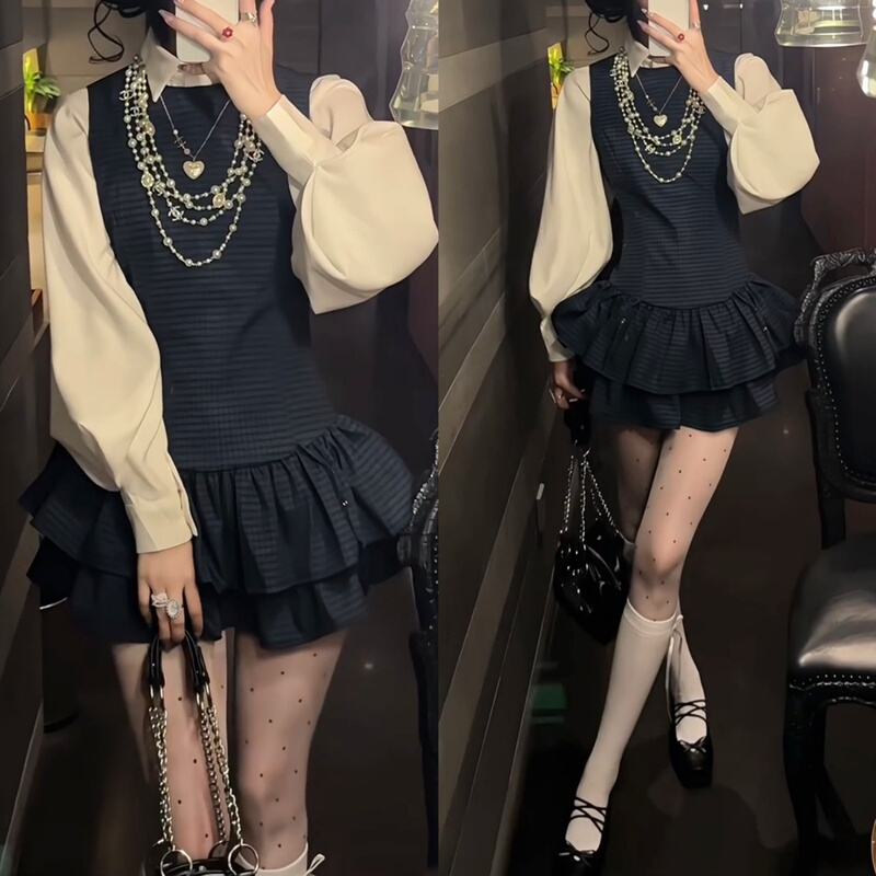 Lantern Sleeve Shirt, Sleeveless Dress, French Style, Waist-Cinching, Petite, Gray Miu Style Outfit Set