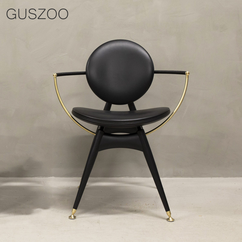 Nordic log dining chair Italian leather chair designer light luxury black black walnut top layer cowhide armchair