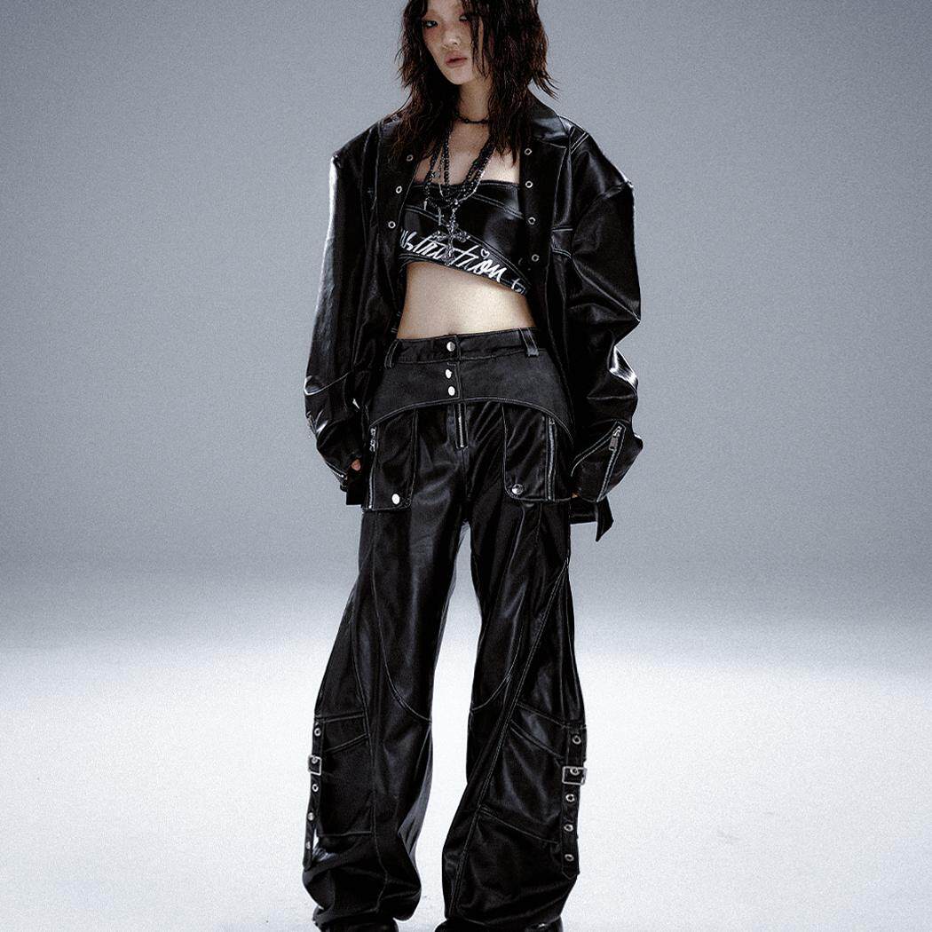 Lost Garden Original Niche Heavy Metallic Decorated Leather Pants Punk Street Straight Leg Cargo Pants Flowing Long Pants
