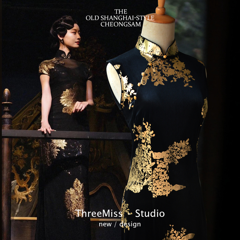 Celebrity-Inspired High-End Gold-Embossed Velvet Cheongsam, Modified Sleeveless Long Style for Stage Performances, Dancing, Everyday Wear, Vintage, Slimming, Summer