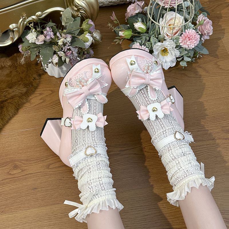 Lolita Cute Lace Bow Rabbit High-Heeled Shoes, Palace Girl Pink Lolita Single Shoes, Mary Jane