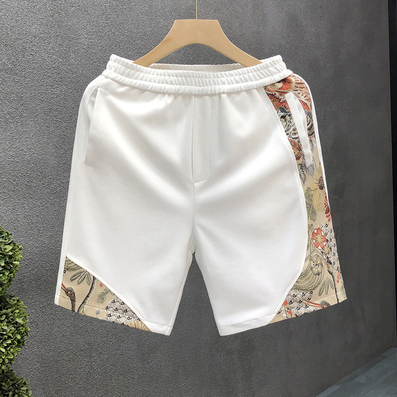 High-End Embroidered Shorts for Men, Summer Trendy Brand, Color-Blocked Large Shorts with Elastic Waist, Men's Outdoor Beach Shorts