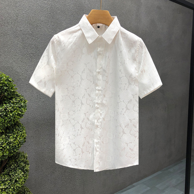 High-Quality White Short-Sleeved Shirt for Men, Trendy Brand, Trendy Dark Pattern Top, 2024 Summer Versatile Casual Shirt
