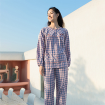Michael will be the new spring and summer womens long-sleeved trousers round neck woven cotton thin section placket youth plaid pajamas 4727