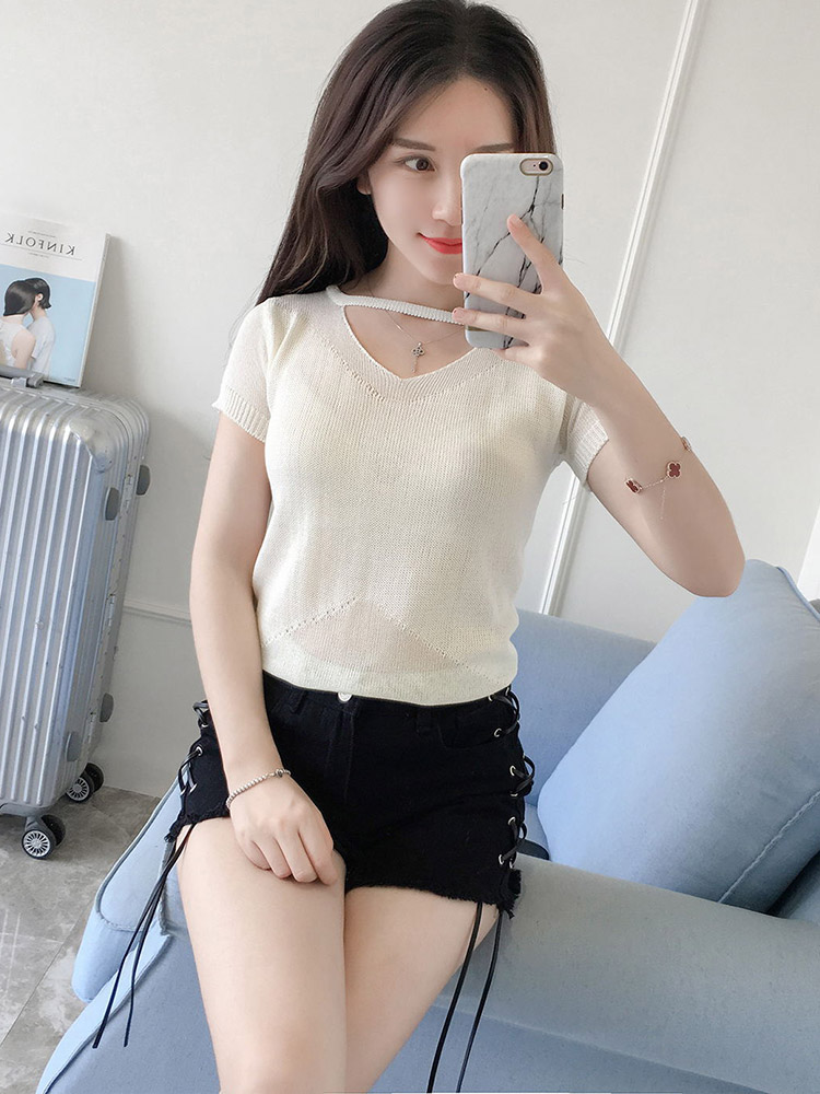 Gamma mát mẻ thời trang mới dành cho nữ kiểu dáng thon gọn màu rắn hoang dã V-cổ ngắn tay áo len mỏng 7485 ao khoac len dep