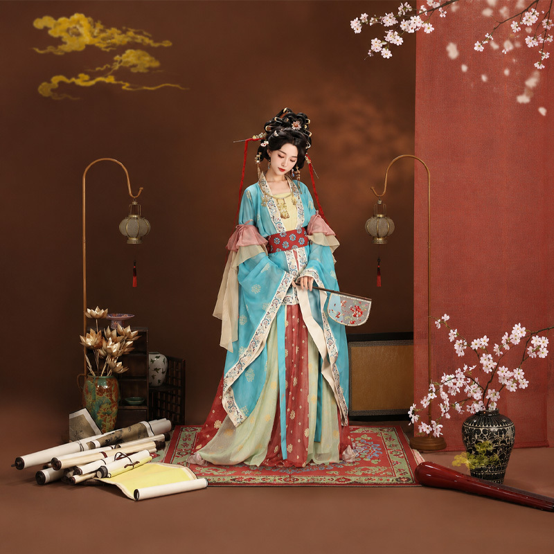 Feng Qingyue [Northern Dynasties Double Set] Northern Wei Dynasty Open-Front Large Sleeve Ru12 Modified Skirt with Suspenders, Belt, and Feather Sleeves Set