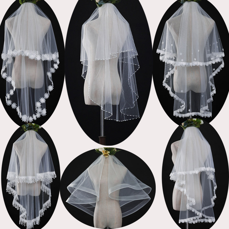 2018 new veil 1 5 meters waist-length version of the veil handmade beaded sticky flower lace veil photo shape