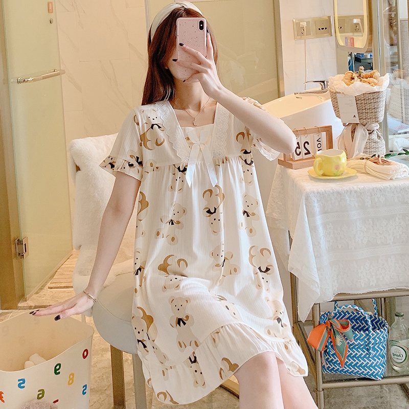 Princess Wind Sleeping Dress Woman Summer Pure Cotton Short Sleeve Cute New Sweet and Ins Wind Dress Big Size Pyjamas women Summer