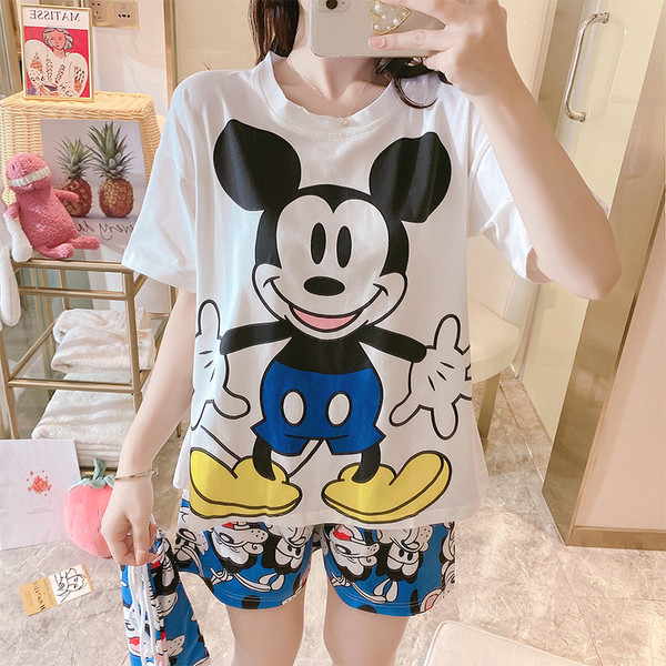 Korean version cartoon pajamas women summer short-sleeved cotton student cute thin section girl loose casual home clothes can be worn outside