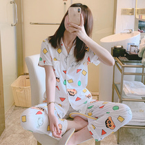 Spring summer and autumn Korean version of pajamas womens short-sleeved trousers cotton student cute two-piece suit casual home service suit
