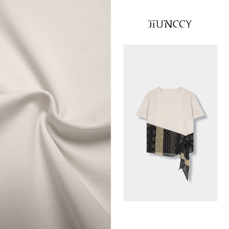 Jiunccy【Retro Style】100 Cotton Irregular Hem Plaid Polka Dot Patchwork T-Shirt 62Ytx020
