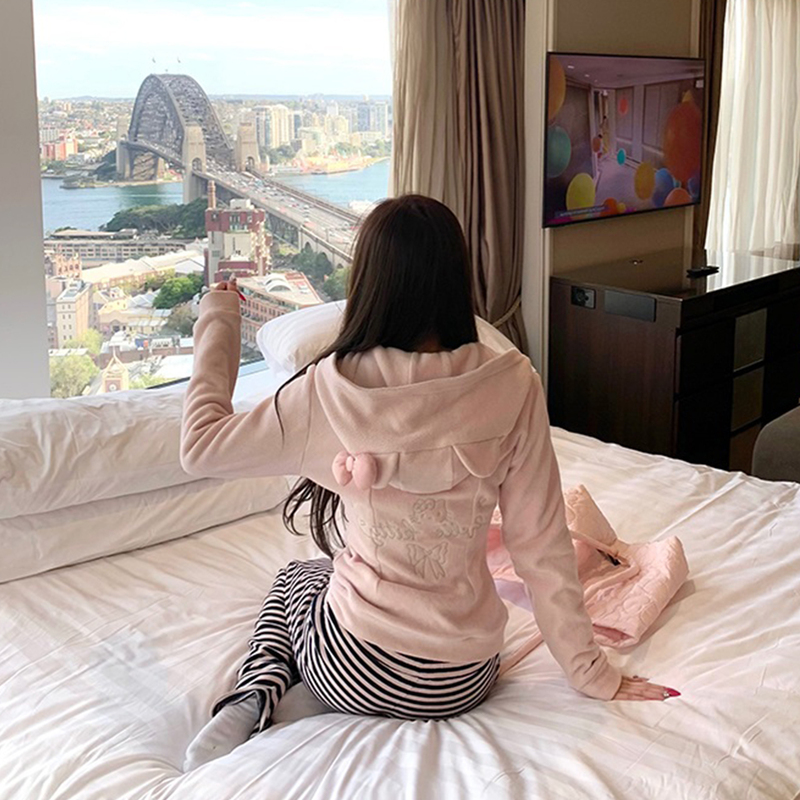 【Kitty's Travel Diary】Pink Hooded Sweatshirt, Sweet Korean Style Versatile Jacket for Women, Embroidered Waist-Cinching Hoodie