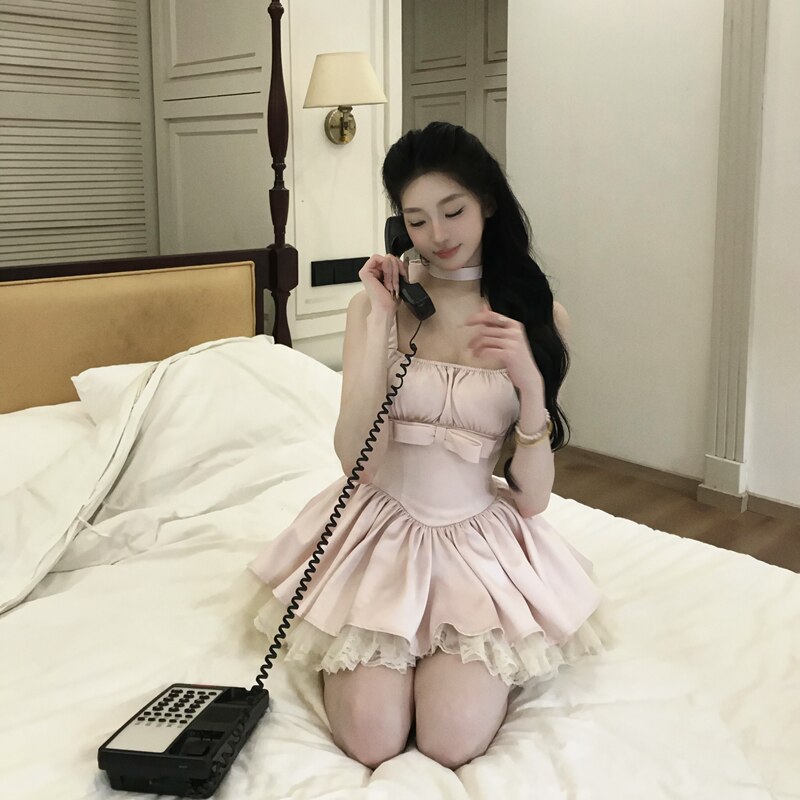 Burjuman【Gummy Sweetheart】French-Style Pure Desire Princess Sweet Slim-Fit Dress with Large Bow for Women