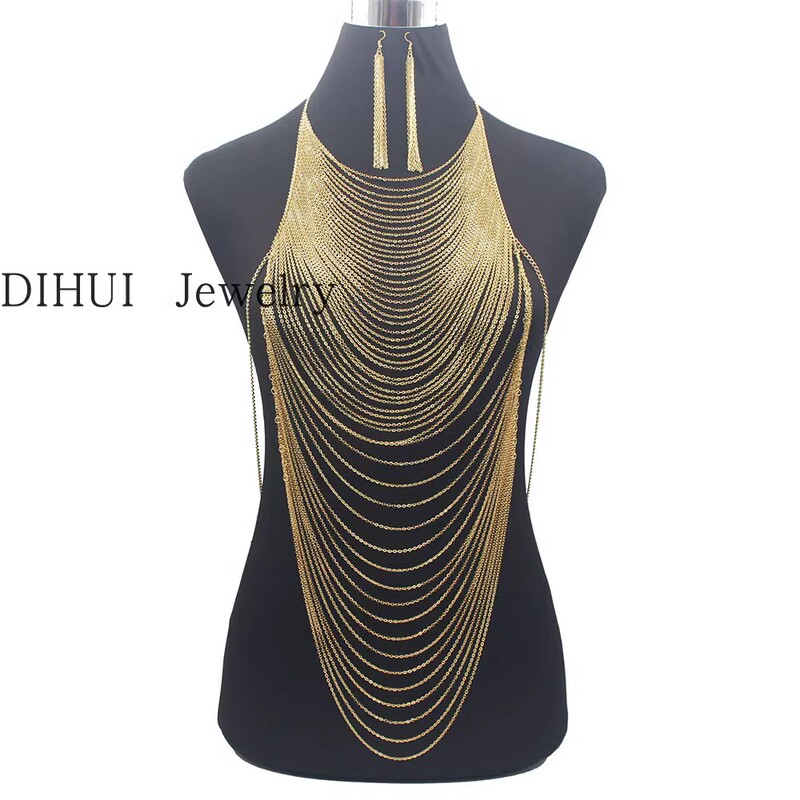 Waist Chain, Chest Chain, Bikini Chain, Multi-Layer Tassel Body Chain, Belly Chain, Necklace, Earring Set, Adjustable Tight-Fitting for Older Women