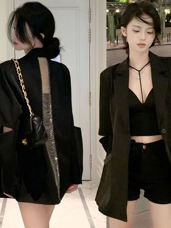 Backless Blazer with Chain, Thin Blazer Set for Women, Early Spring 2026, High-End Black Casual Loose-Fitting Top