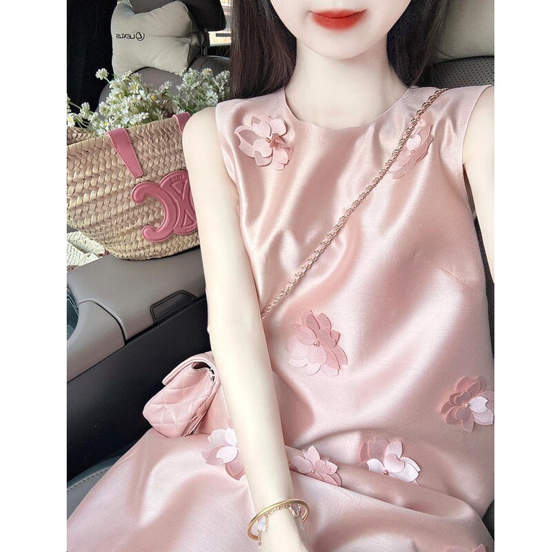 Summer Elegant Goddess Style High-End Dignified and Gentle Acetate Satin Pink Three-Dimensional Floral Dress