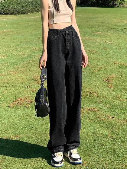 梨形身材黑灰阔腿牛仔裤女春季新款大码胖mm高腰宽松直筒显瘦裤子