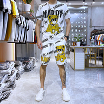 European Station 2021 Tide Brand Net red slim short sleeve set mens Bear cartoon printing leisure sports two-piece set