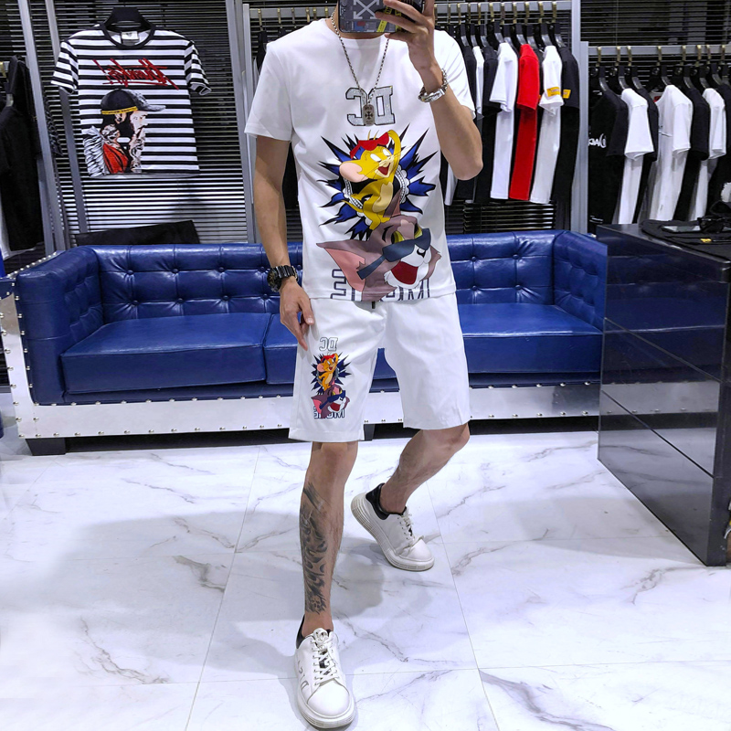 European Station 2020 Summer Cartoon Cat and Mouse Printed Drilling Short Sket Short Short Kit Men