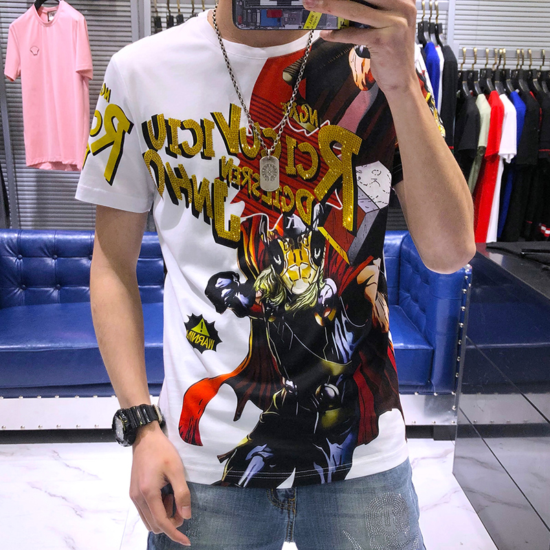 European station 2020 men's tide brand heavy craft letter hot diamond printing slim round neck handsome short-sleeved flower T-shirt tide