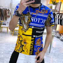 European station 2021 summer new trendy brand half sleeve T slim light luxury digital printing hot Diamond trend Short Sleeve T shirt men