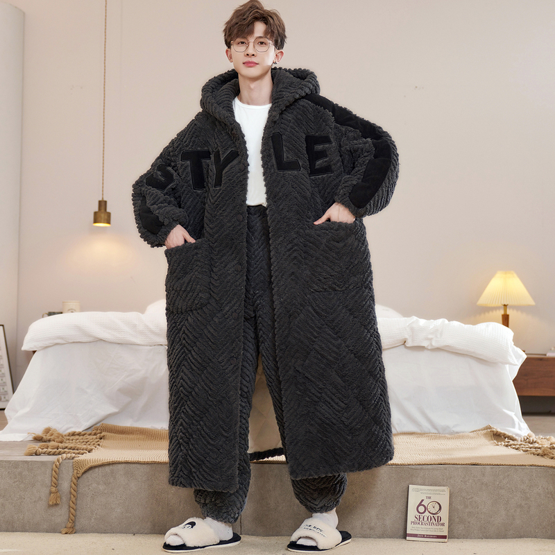 Men's Pajamas for Autumn and Winter, Thickened and Fleece-Lined, Coral Fleece, Three-Layer Quilted Robe, Long Style, Youth Loungewear Set Men's Pajamas for Autumn and Winter, Thickened and Fleece-Lined, Coral Fleece, Three-Layer Quilted Robe, Long Style, Youth Loungewear Set
