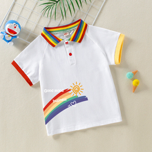 Boys and girls short sleeved t-shirt, summer clothing, pure cotton, stylish baby half sleeved top, children's rainbow lapel polo shirt, summer