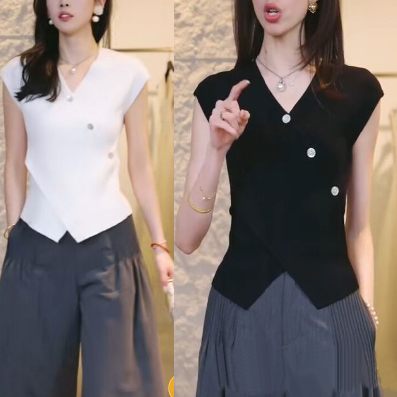 S·D Xig San Diao 26 Summer New Women's V-Neck Cotton Base Knitwear Versatile Slimming Top
