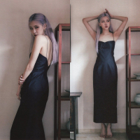 Rose Luo Jie Park Caiying's same blackpink black suspender dress long version French backless tube top skirt