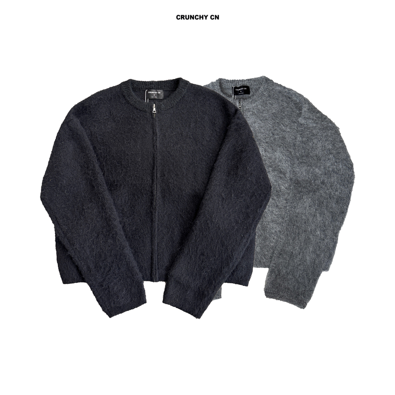Ccy Crunchy 2.0 Mohair Gray Black Zipper Cardigan Loose Fit Knitted Sweater Jacket