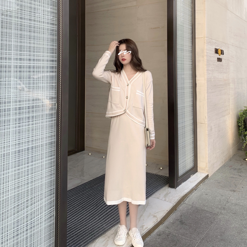 VK旗艦店 韓國學院風撞色針織套裝長袖裙裝