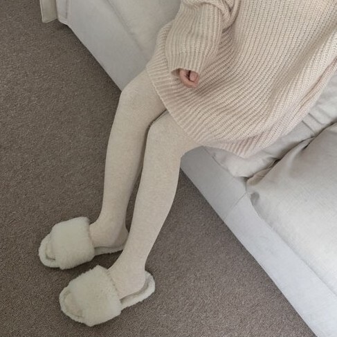 Evening Breeze Oatmeal White Cotton Fleece-Lined Thickened Warm Slight Compression Slimming Elastic Leggings for Women