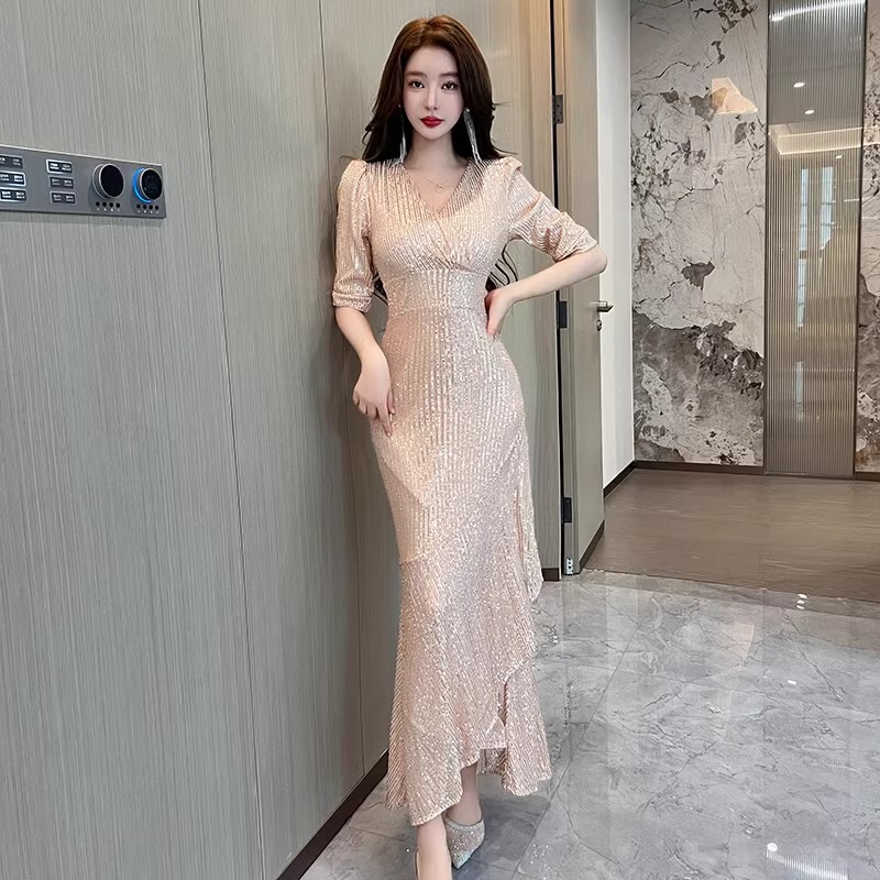 High-End Elegant Sequined Fishtail Dress for High-End Banquet Hostess, Fashionable Socialite Style Red Evening Dress for Women