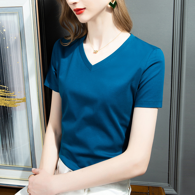 Authentic Double-Sided Mercerized Cotton Short-Sleeve T-Shirt for Women, 2026 Summer New V-Neck Solid Color Half-Sleeve Top Authentic Double-Sided Mercerized Cotton Short-Sleeve T-Shirt for Women, 2026 Summer New V-Neck Solid Color Half-Sleeve Top