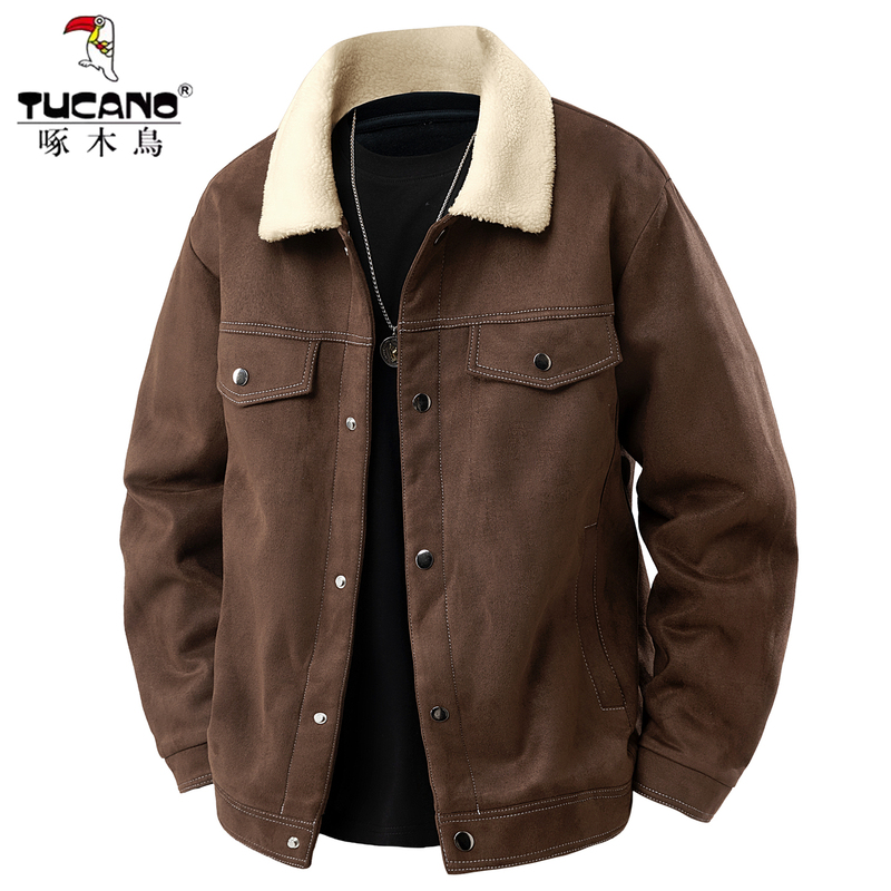 Woodpecker Brand Men's Winter Fleece-Lined Jacket, 2025 New Suede Lapel Jacket, Thickened and Warm Top