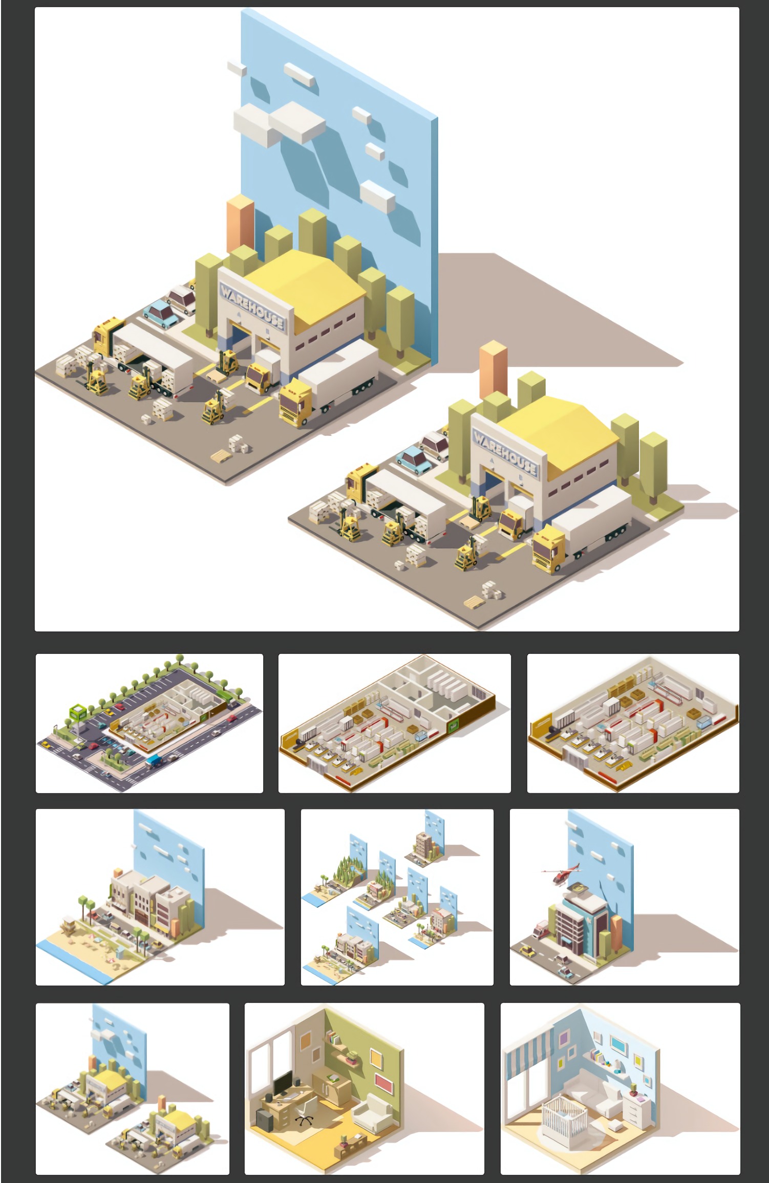 3D立体2.5D等距扁平建筑插画室内城市汽车工业体育场地AI矢量素材 AI0022设计素材模板