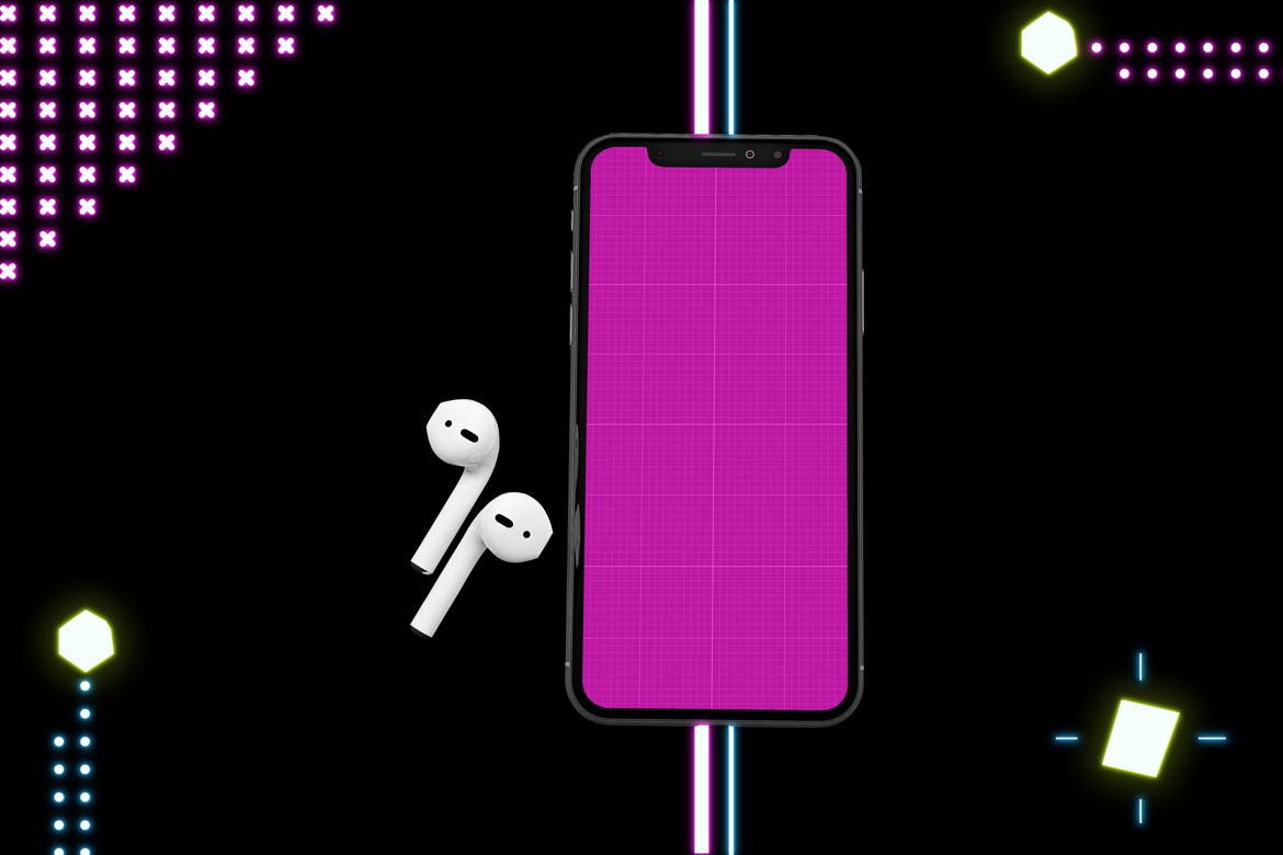 霓虹灯音乐场景效果的 iPhone XS 手机样机下载[PSD]设计素材模板