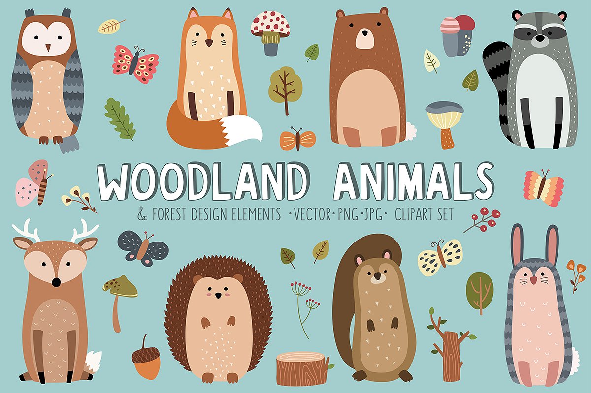 可爱的森林卡通动物设计元素 Woodland Animals & Design Elements设计素材模板