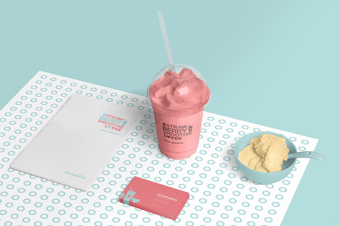 马卡龙粉色绿色透明塑料冰淇淋杯包装贴图VI样机 Y0070设计素材模板