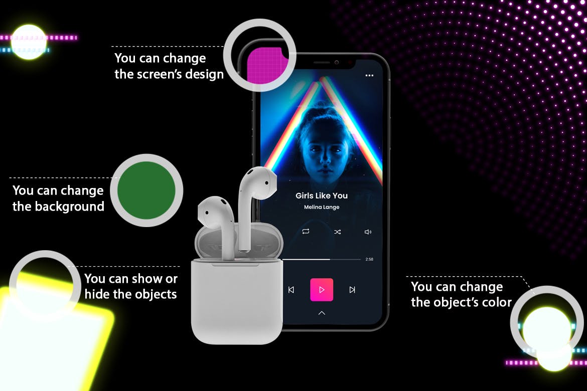 霓虹灯音乐场景效果的 iPhone XS 手机样机下载[PSD]设计素材模板
