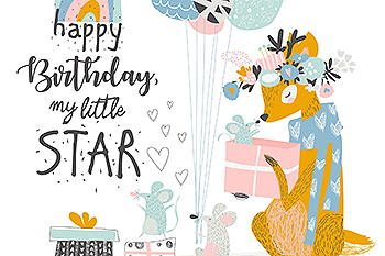 可爱麋鹿&老鼠矢量动物手绘插画设计素材 Vector Greeting Birthday card with cute deer 