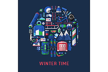 冬季运动主题扁平设计风格圆形矢量插画 Winter Time Card with Circle Print