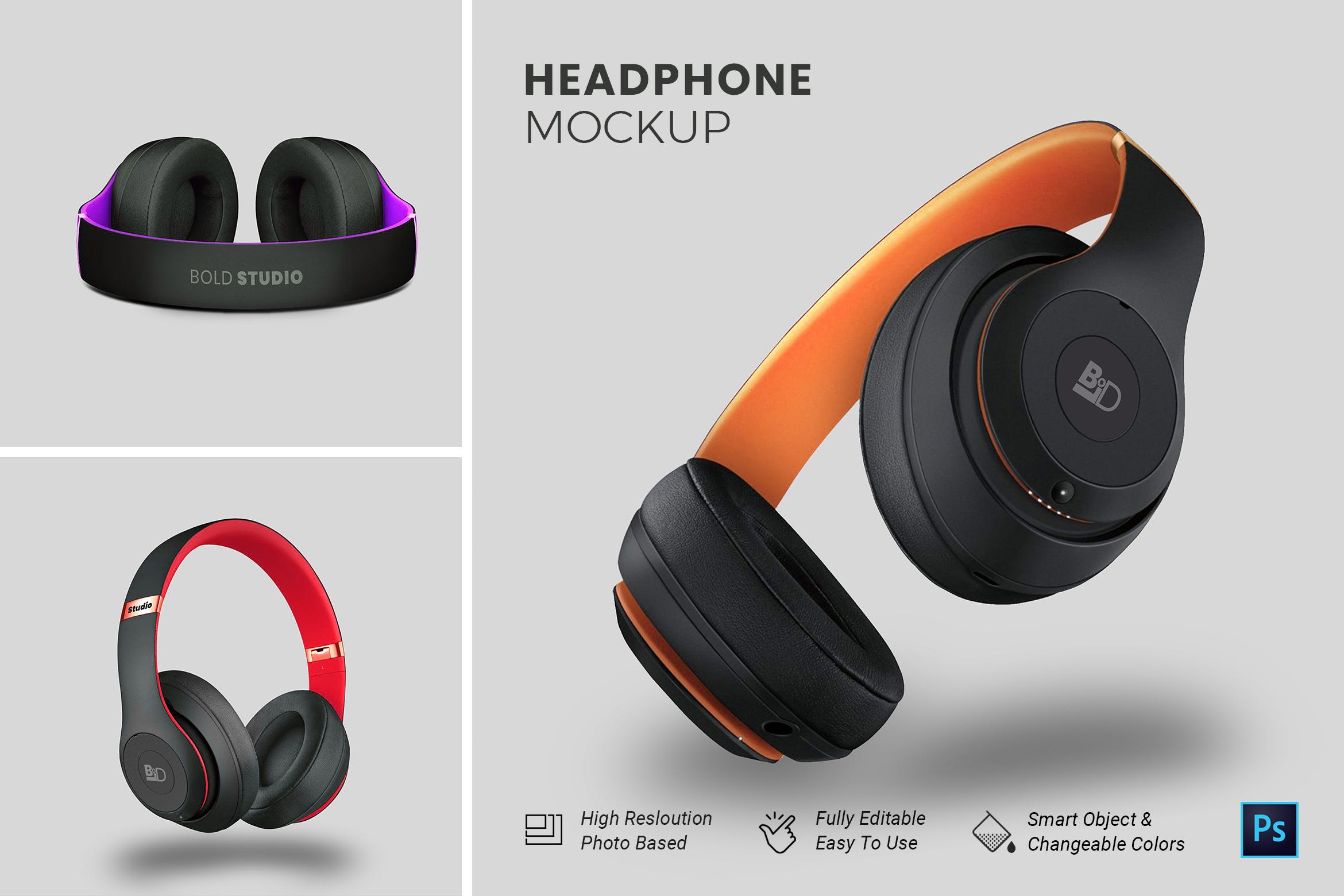 头戴式耳机设计效果图样机模板 HeadPhone Mockup设计素材模板