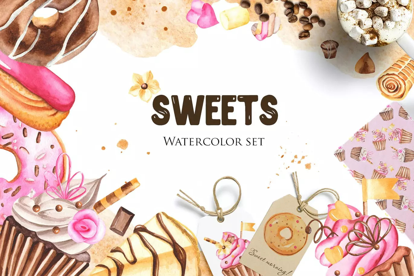 糖果水彩手绘剪贴画/装饰框/卡片/图案素材 Watercolor Sweets Clipart, frames, cards, patterns设计素材模板