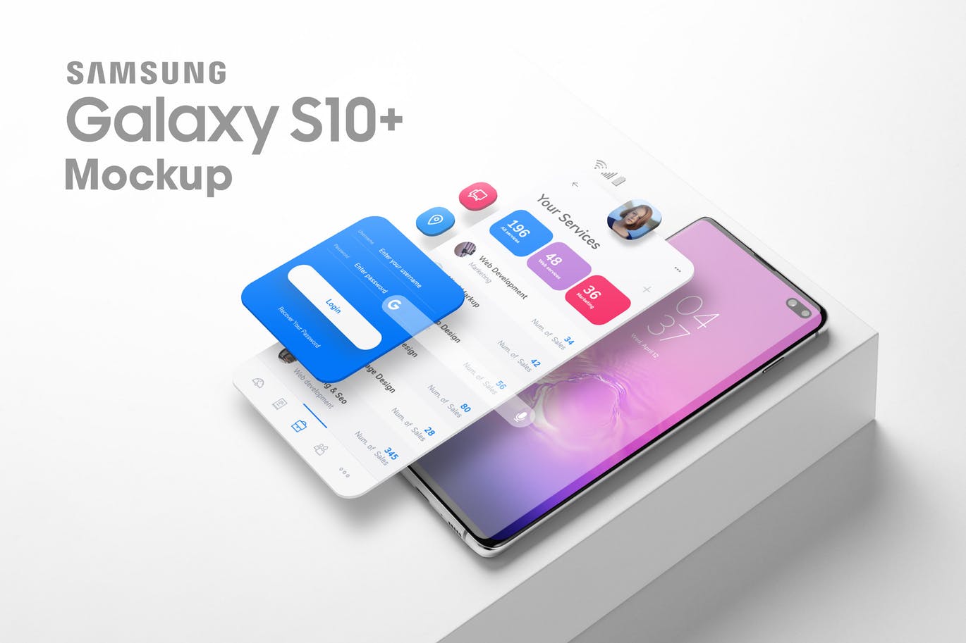 APP UI样机时尚高端3D立体Android智能手机样机三星Galaxy S10 +悬浮屏幕效果展示模型mockups设计素材模板